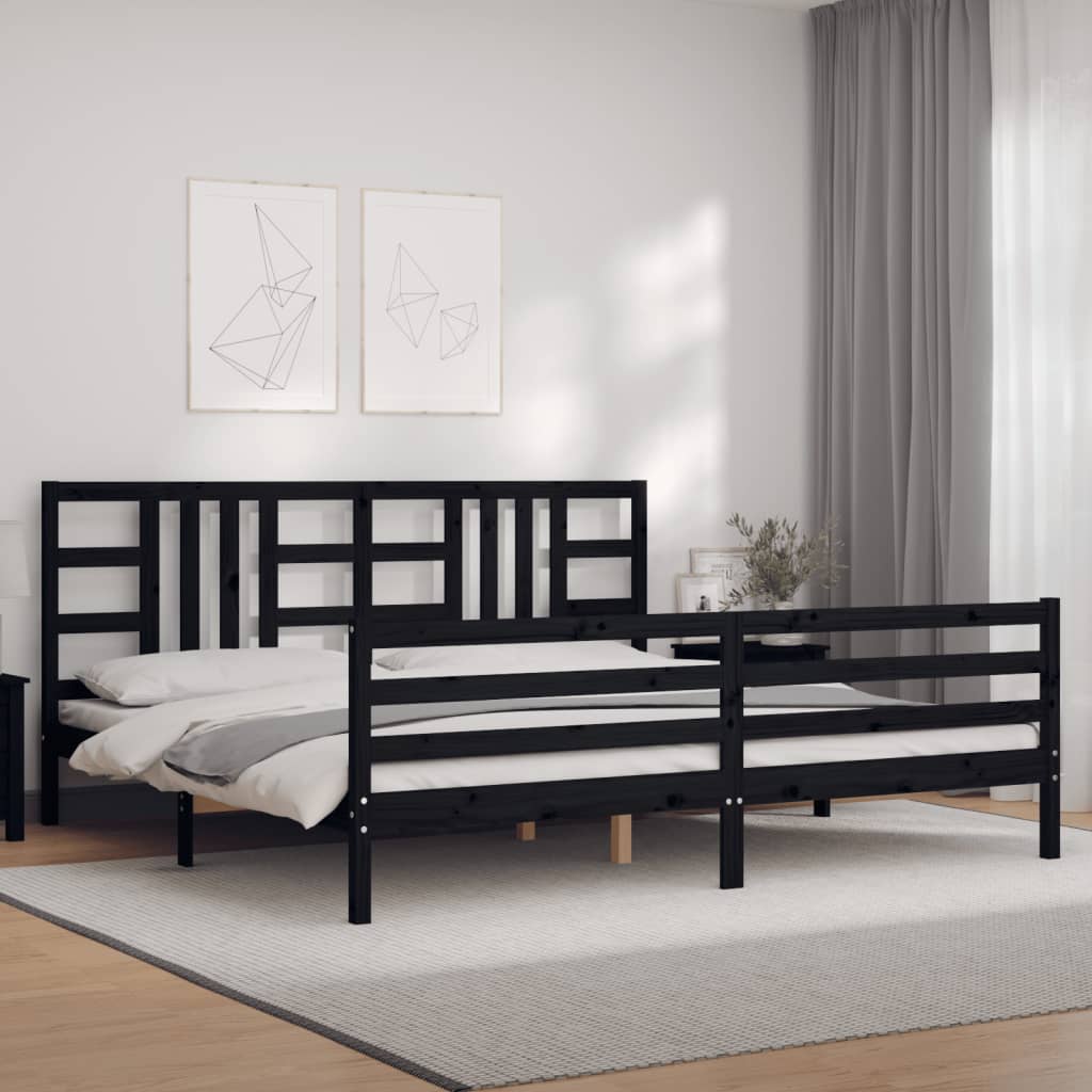 fekete tömör fa ágykeret fejtámlával 200 x 200 cm
