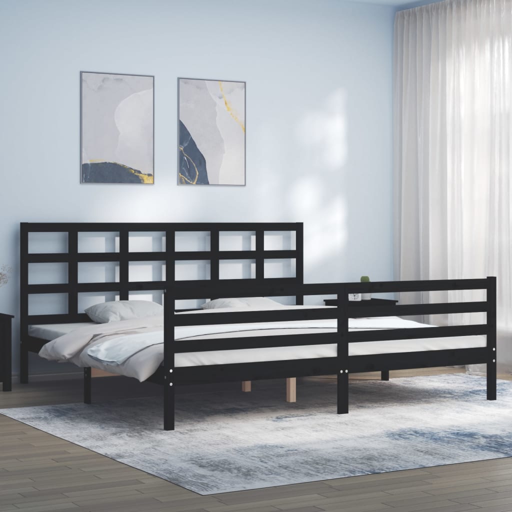 fekete tömör fa ágykeret fejtámlával 200 x 200 cm