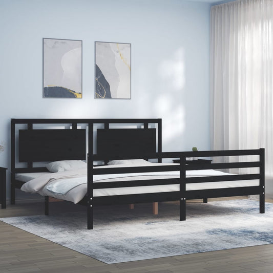 fekete tömör fa ágykeret fejtámlával 200 x 200 cm
