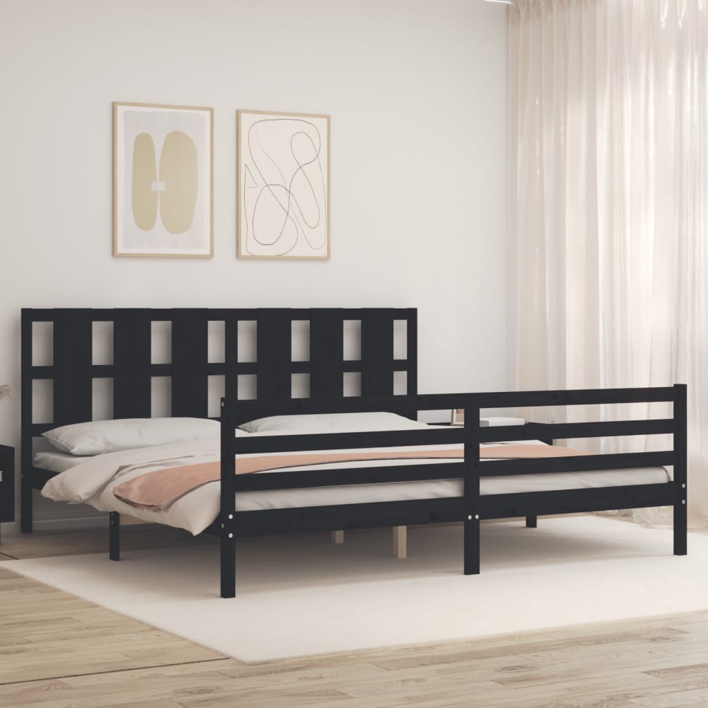 fekete tömör fa ágykeret fejtámlával 200 x 200 cm