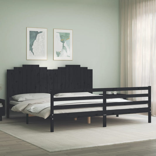 fekete tömör fa ágykeret fejtámlával 200 x 200 cm
