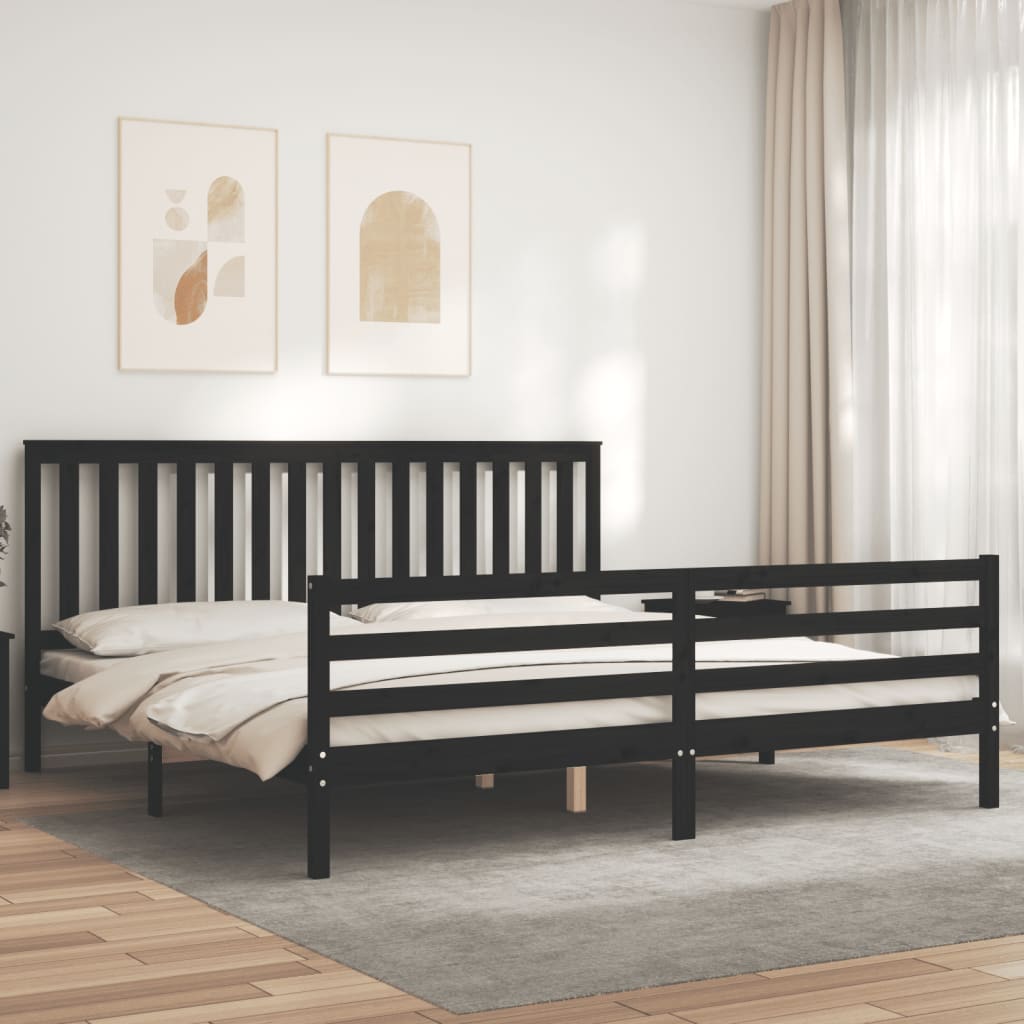 fekete tömör fa ágykeret fejtámlával 200 x 200 cm