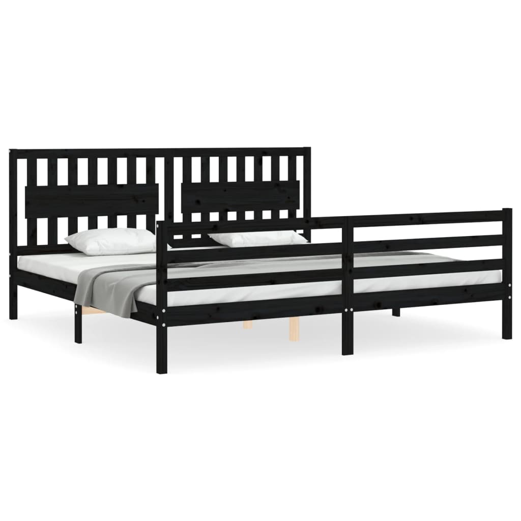 fekete tömör fa ágykeret fejtámlával 200 x 200 cm