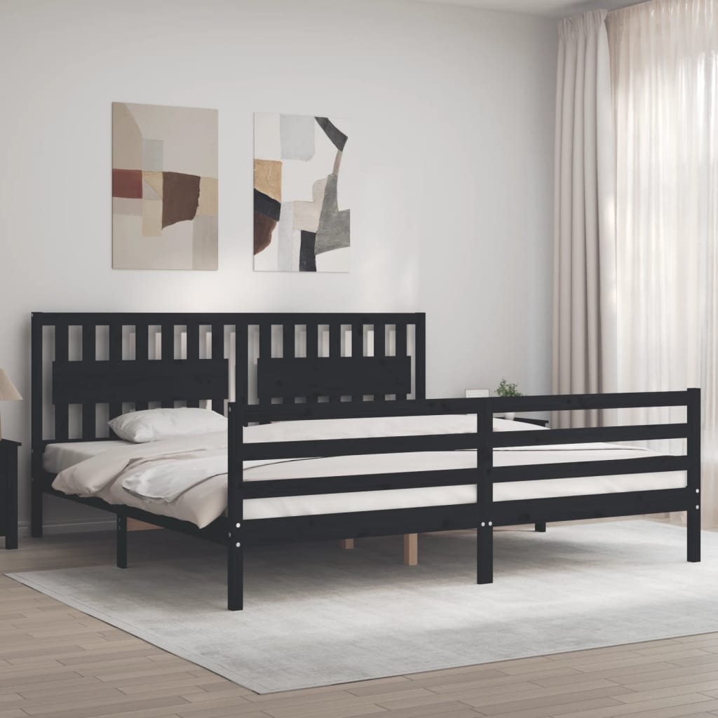 fekete tömör fa ágykeret fejtámlával 200 x 200 cm
