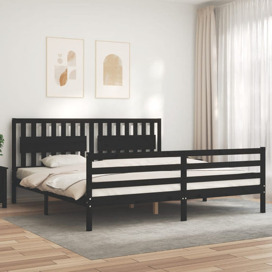 fekete tömör fa ágykeret fejtámlával 200 x 200 cm