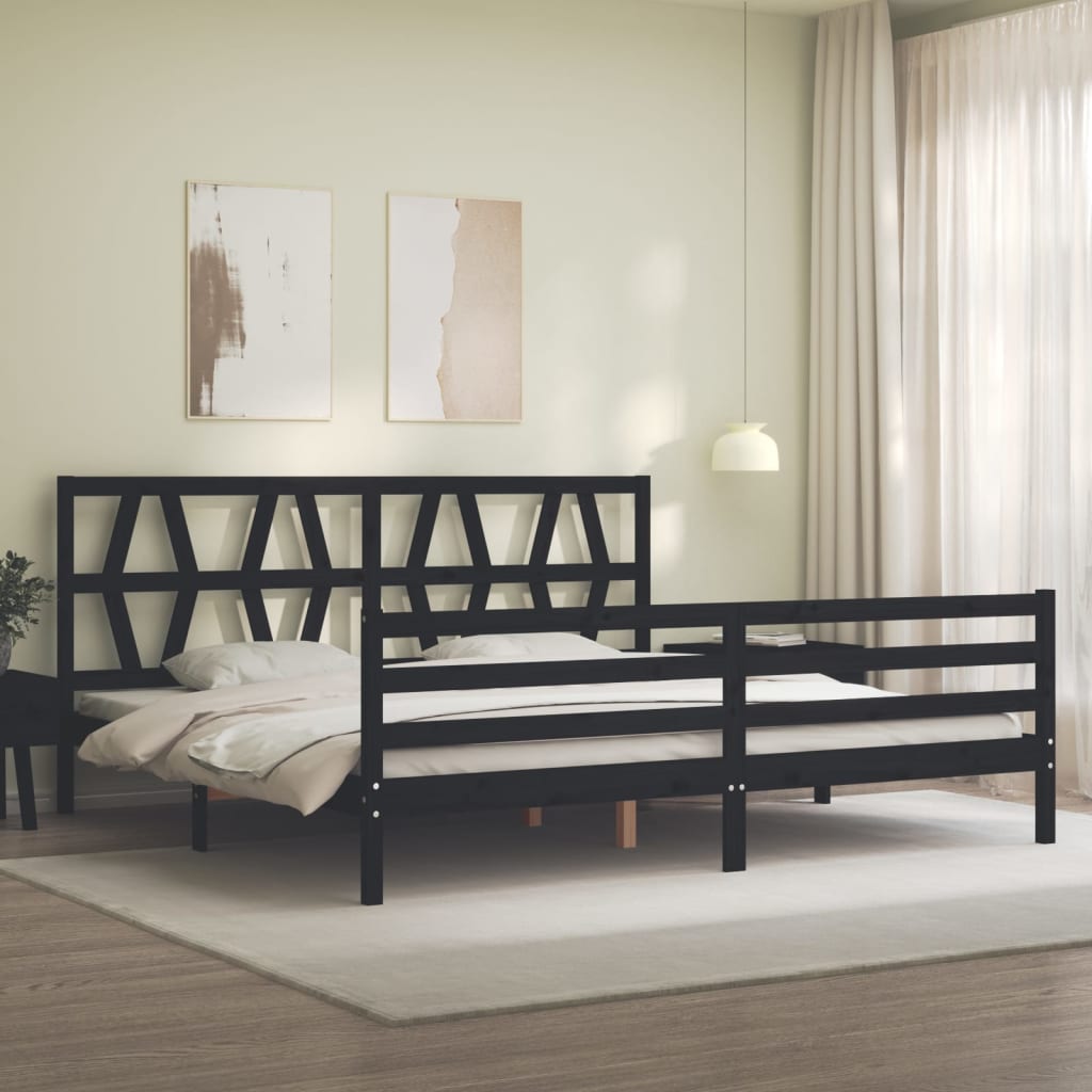fekete tömör fa ágykeret fejtámlával 200 x 200 cm