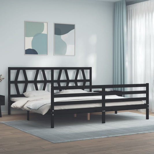 fekete tömör fa ágykeret fejtámlával 200 x 200 cm