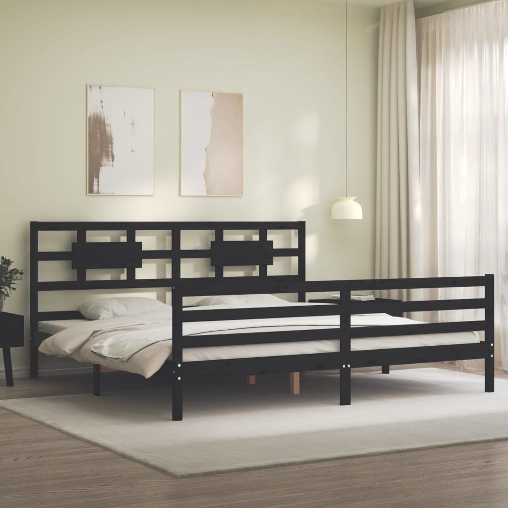 fekete tömör fa ágykeret fejtámlával 200 x 200 cm