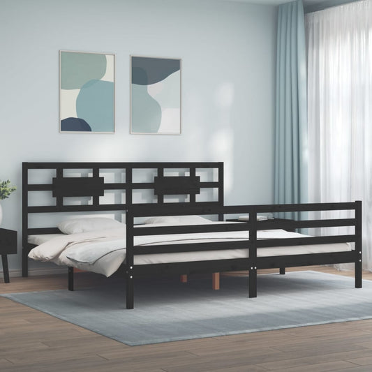 fekete tömör fa ágykeret fejtámlával 200 x 200 cm