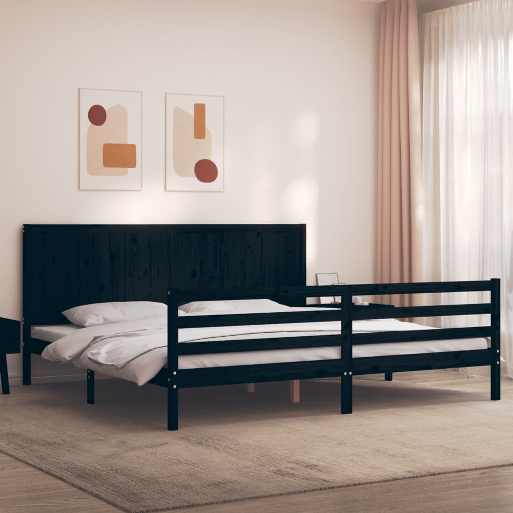 fekete tömör fa ágykeret fejtámlával 200 x 200 cm