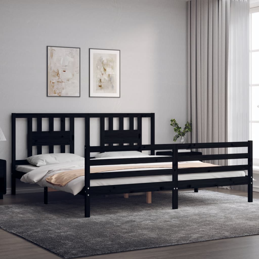 fekete tömör fa ágykeret fejtámlával 200 x 200 cm