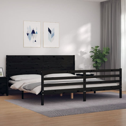 fekete tömör fa ágykeret fejtámlával 200 x 200 cm