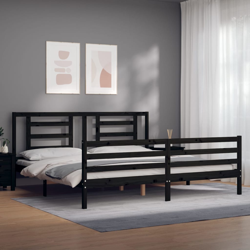 fekete tömör fa ágykeret fejtámlával 200 x 200 cm