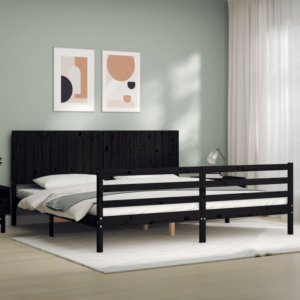 fekete tömör fa ágykeret fejtámlával 200 x 200 cm