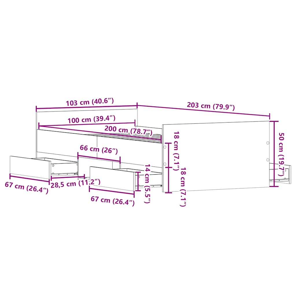 füstös tölgy színű ágykeret fej- és lábtámlával 100 x 200 cm