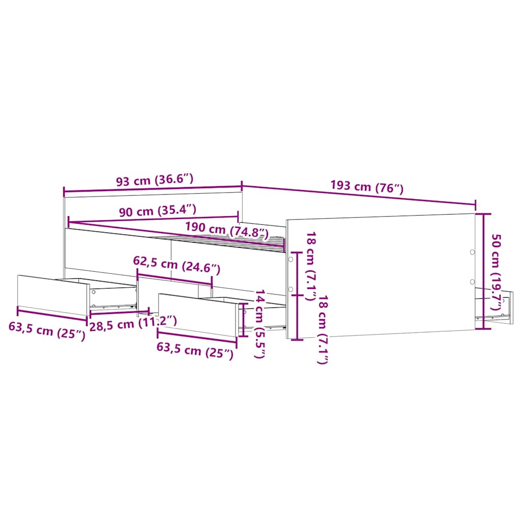 sonoma tölgy színű ágykeret fej- és lábtámlával 90 x 190 cm
