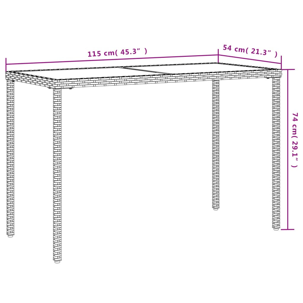 barna polyrattan üveglapos kerti asztal 115x54x74 cm