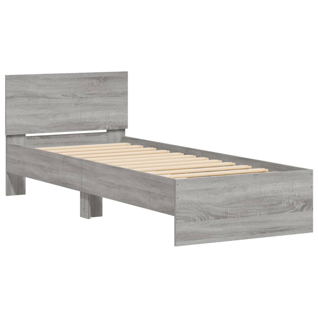 szürke sonoma színű szerelt fa ágykeret fejtámlával 90 x 200 cm