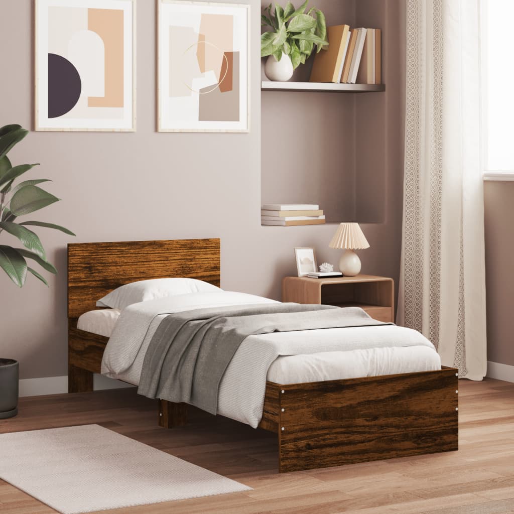 füstös tölgy színű szerelt fa ágykeret fejtámlával 90 x 190 cm