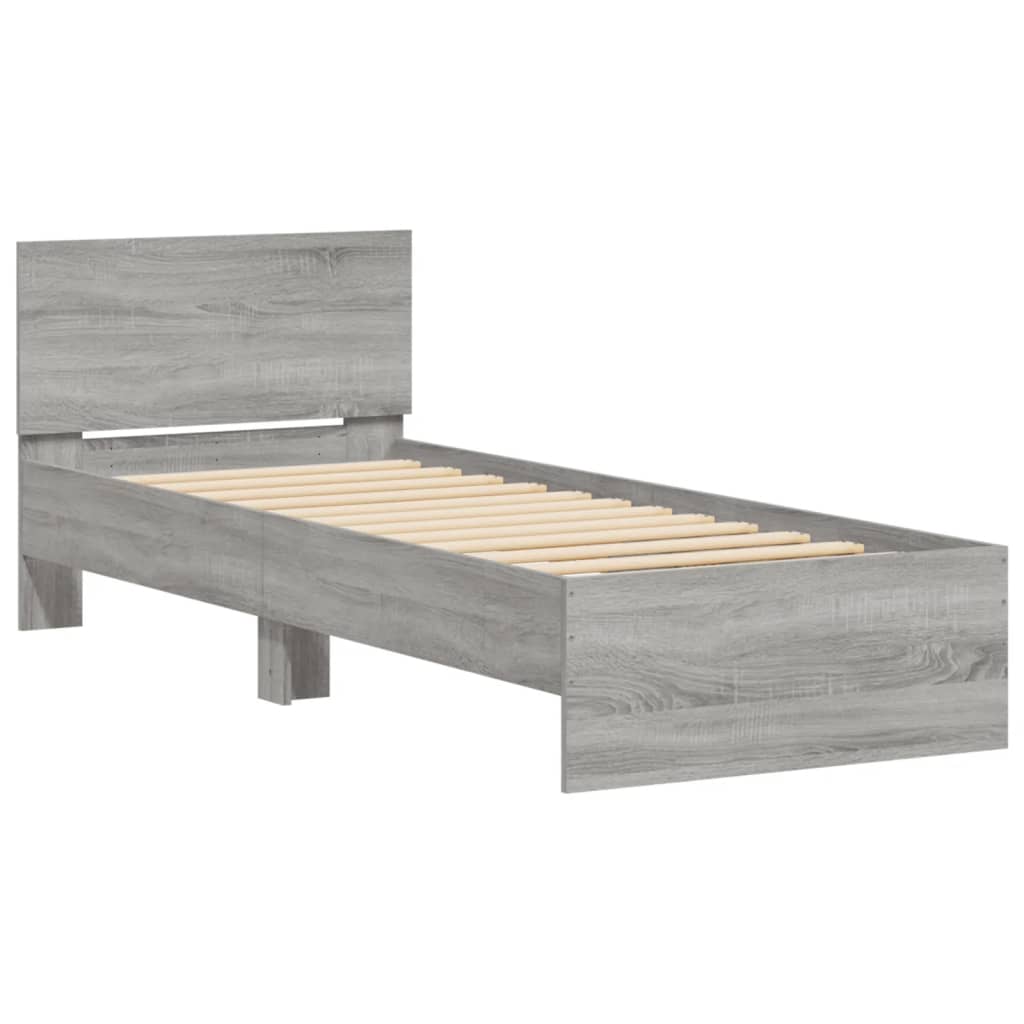 szürke sonoma színű szerelt fa ágykeret fejtámlával 90 x 190 cm