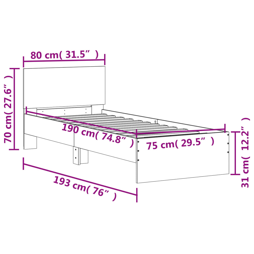 füstös tölgy színű szövet ágykeret fejtámlával 75x190 cm