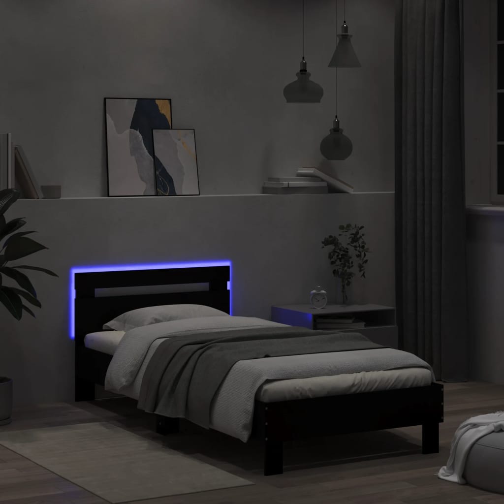 fekete ágykeret fejtámlával és LED-világítással 100 x 200 cm