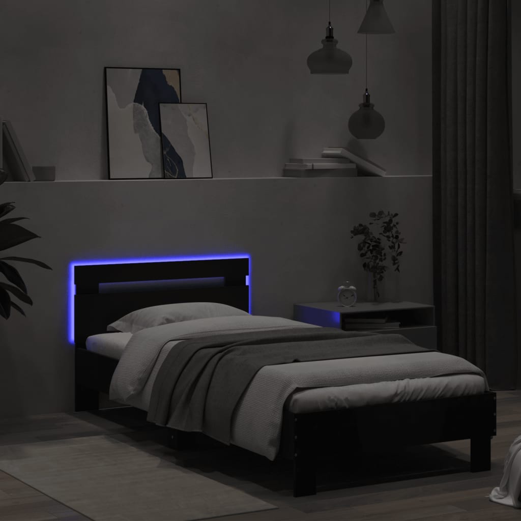 fekete ágykeret fejtámlával és LED-világítással 90 x 200 cm