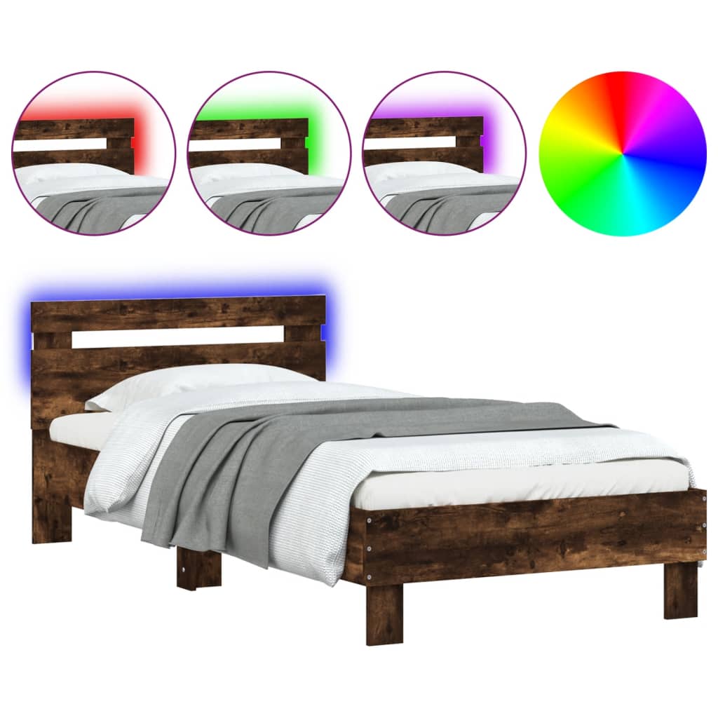 füstös tölgy színű ágykeret fejtámlával és LED-ekkel 90x200 cm