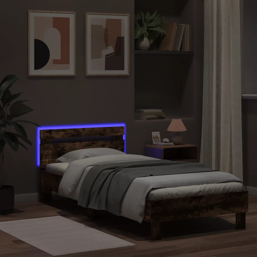füstös tölgy színű ágykeret fejtámlával és LED-ekkel 90x200 cm