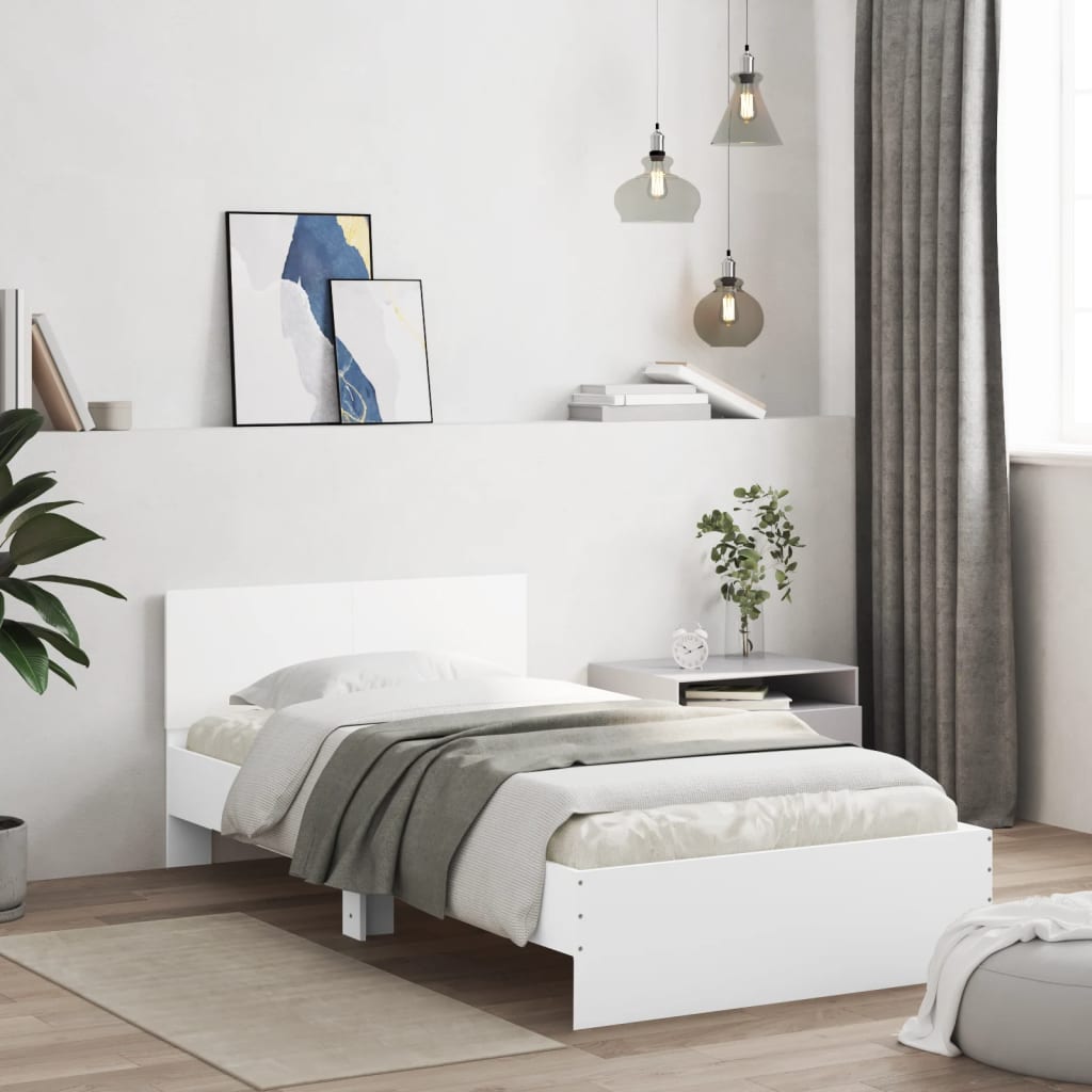 fehér ágykeret fejtámlával és LED-világítással 100 x 200 cm