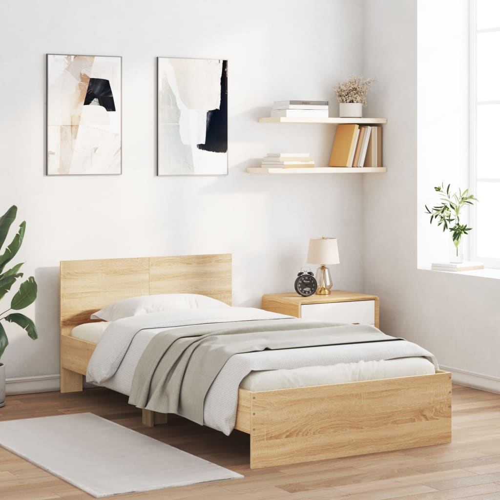 sonoma tölgy színű ágykeret fejtámlával és LED-ekkel 100x200 cm