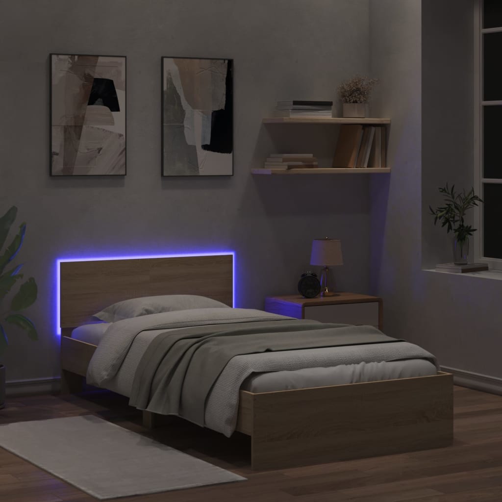 sonoma tölgy színű ágykeret fejtámlával és LED-ekkel 100x200 cm