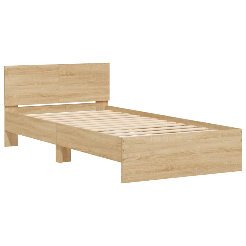 sonoma tölgy színű ágykeret fejtámlával és LED-ekkel 100x200 cm