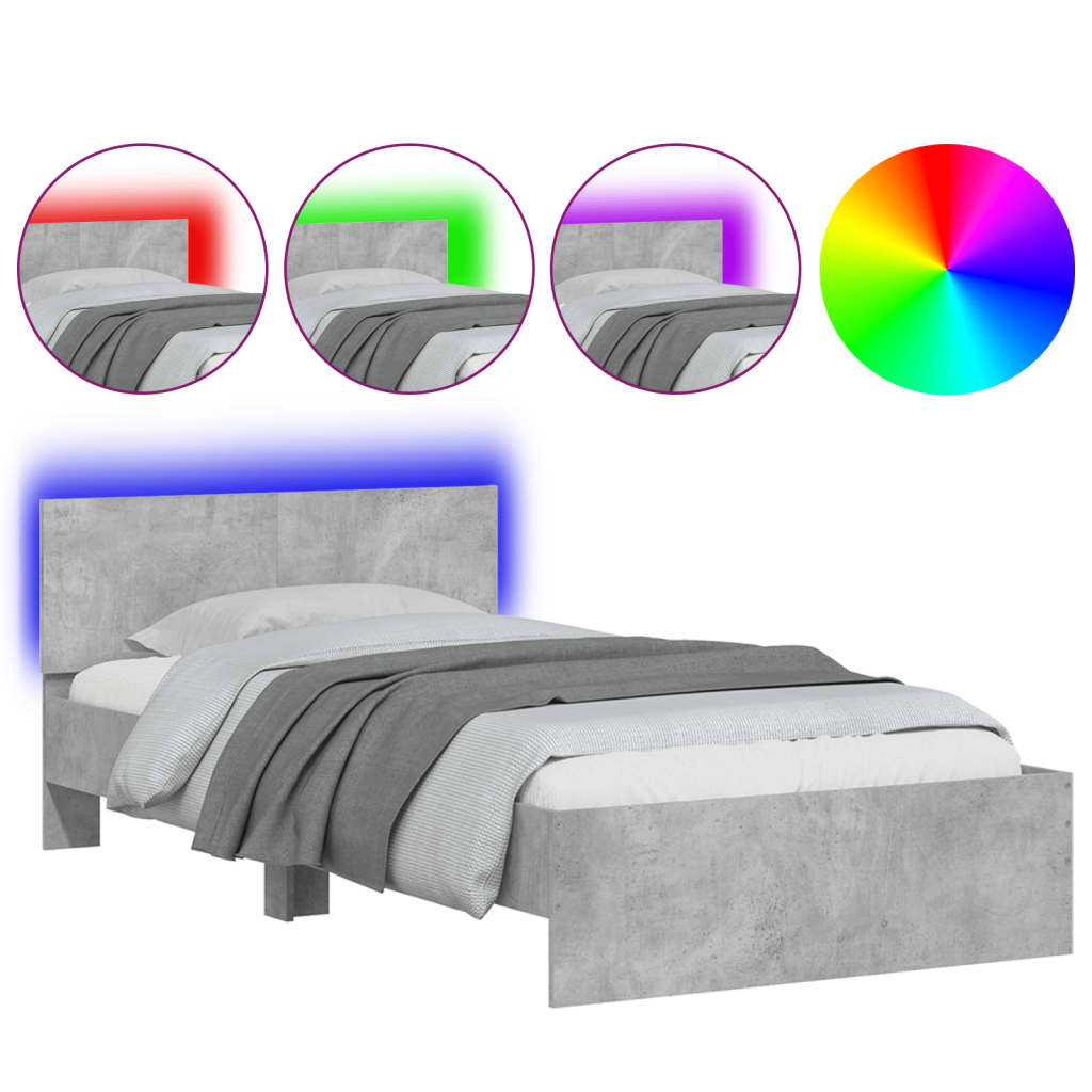 betonszürke ágykeret fejtámlával és LED-világítással 100x200 cm