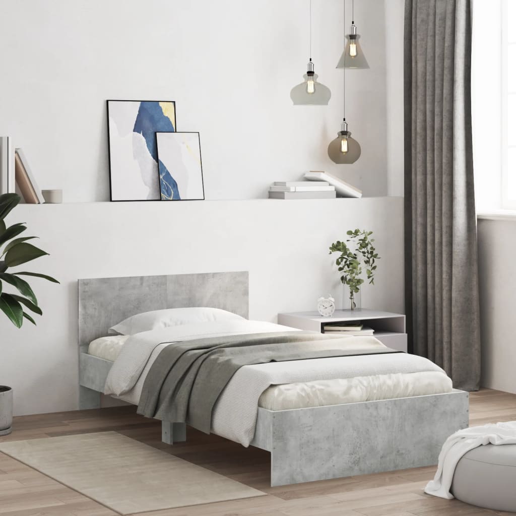 betonszürke ágykeret fejtámlával és LED-világítással 100x200 cm