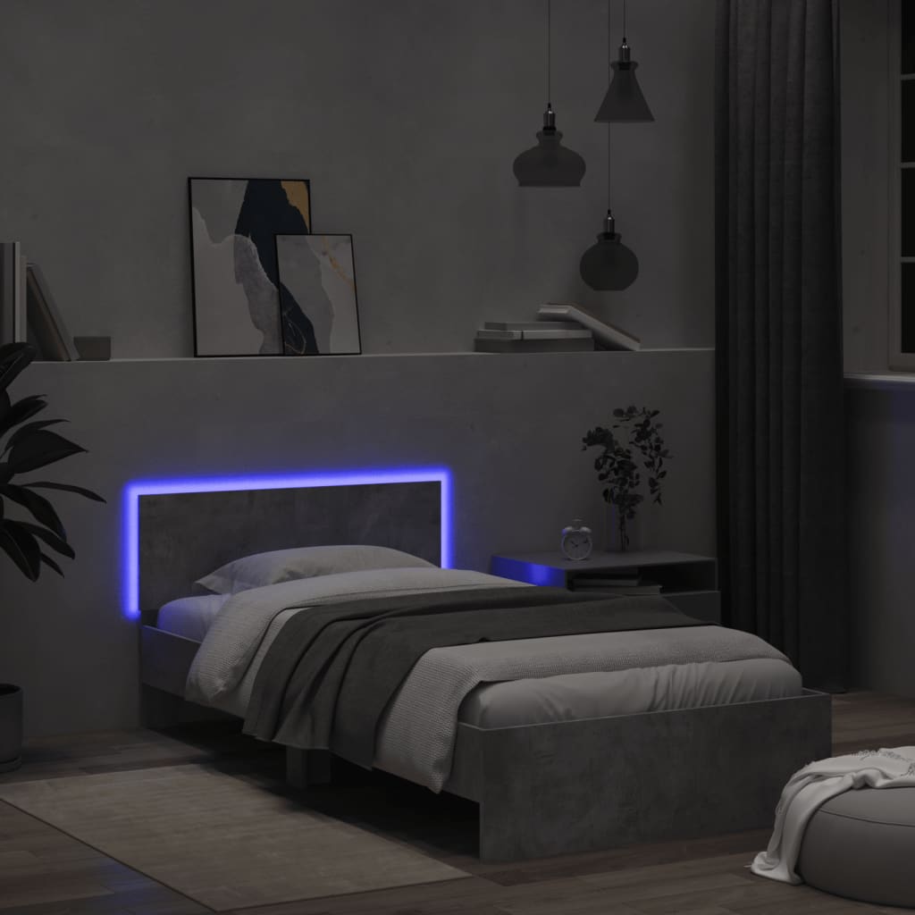betonszürke ágykeret fejtámlával és LED-világítással 100x200 cm