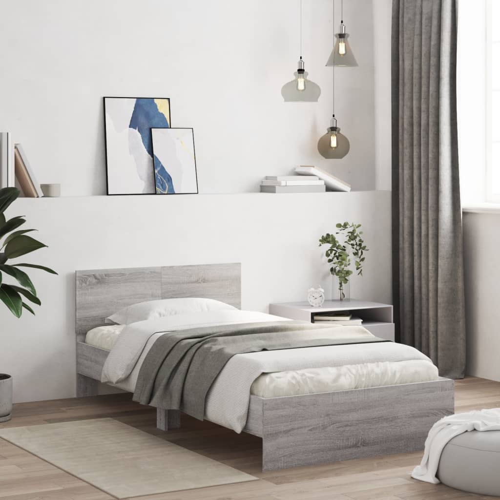 szürke sonoma ágykeret fejtámlával és LED-ekkel 100 x 200 cm