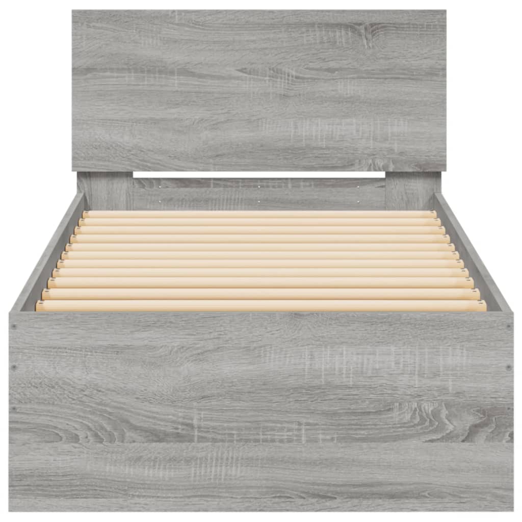 szürke sonoma színű ágykeret fejtámlával és LED-ekkel 90x190 cm