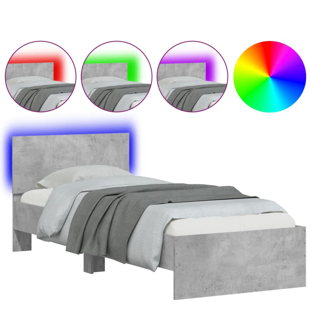 betonszürke ágykeret fejtámlával és LED-világítással 75x190 cm
