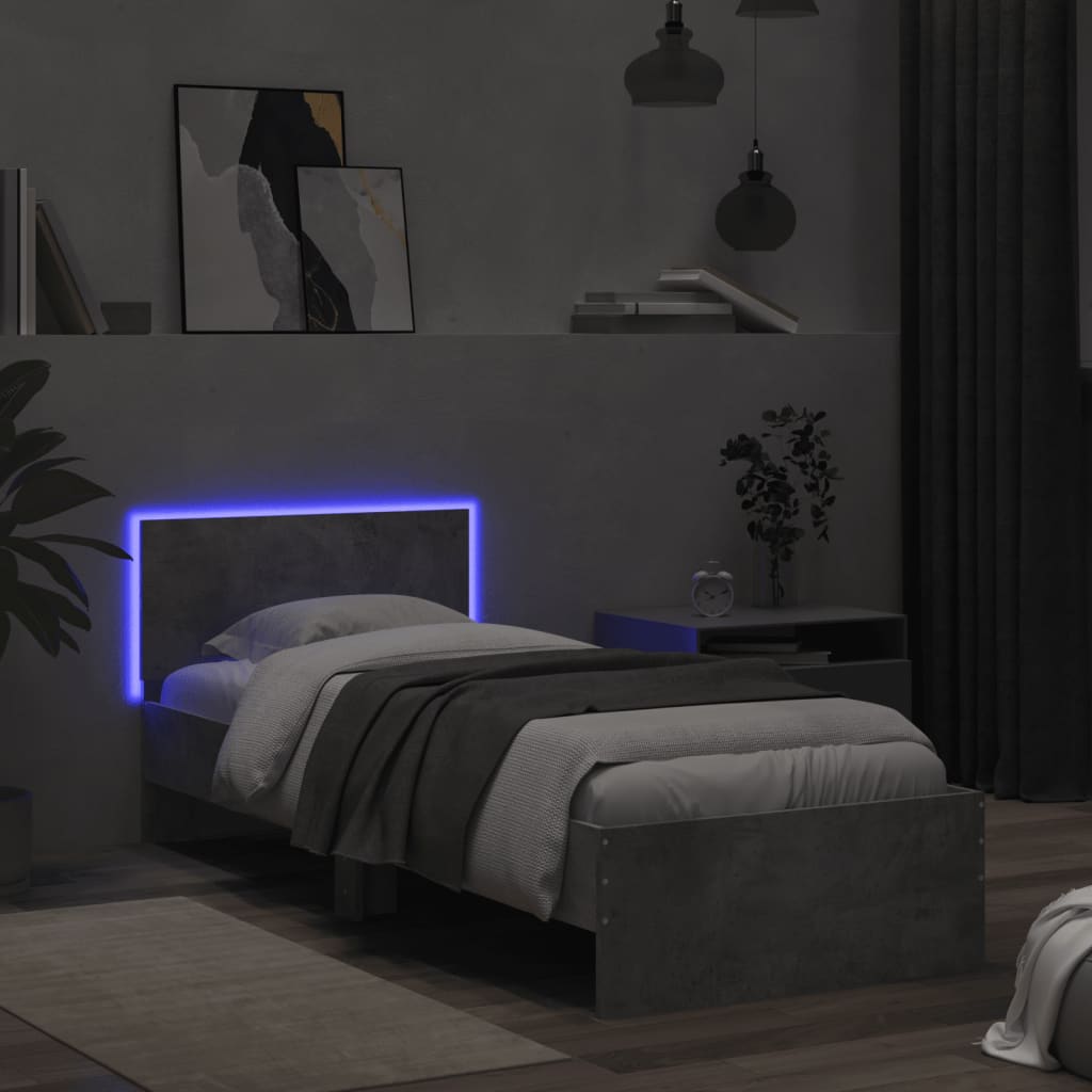 betonszürke ágykeret fejtámlával és LED-világítással 75x190 cm