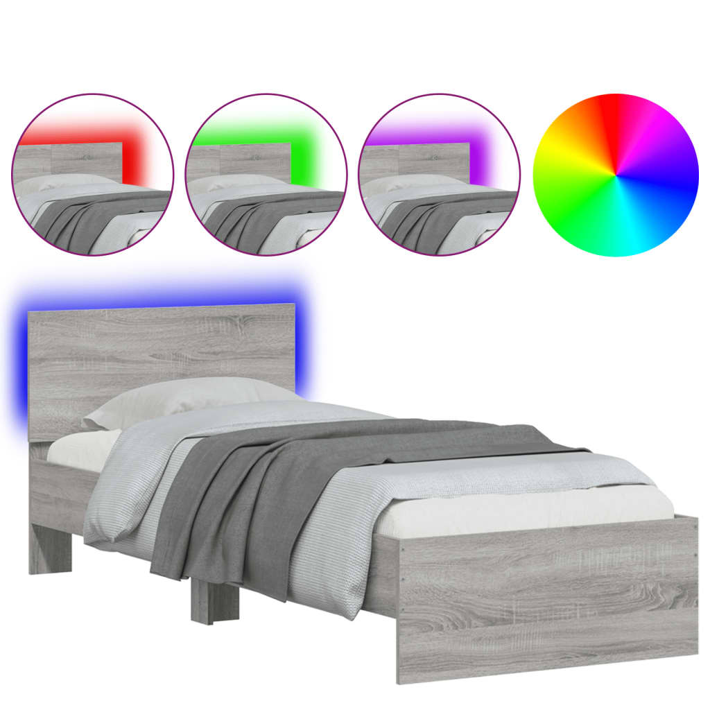 szürke sonoma színű ágykeret fejtámlával és LED-ekkel 75x190 cm