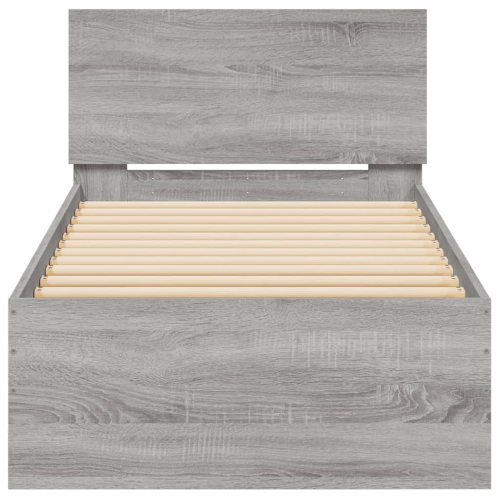 szürke sonoma színű ágykeret fejtámlával és LED-ekkel 75x190 cm