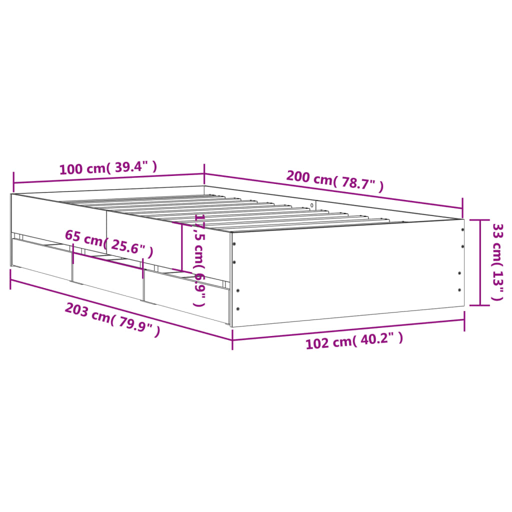 sonoma tölgy színű szerelt fa ágykeret fiókokkal 100 x 200 cm