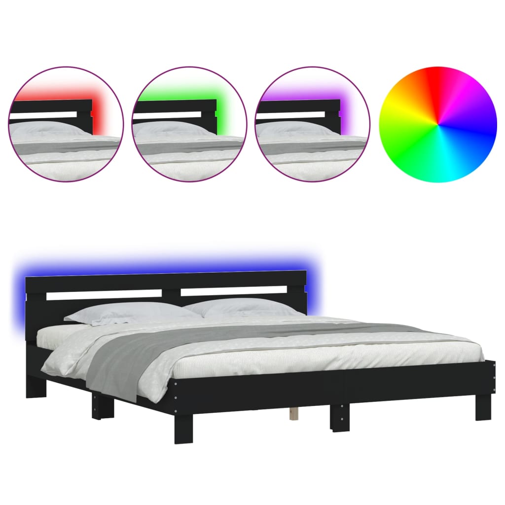 fekete ágykeret fejtámlával és LED-del 200 x 200 cm