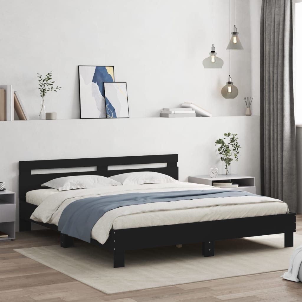 fekete ágykeret fejtámlával és LED-del 200 x 200 cm
