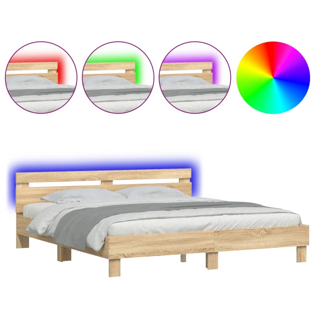 sonoma tölgy színű ágykeret fejtámlával és LED-del 200 x 200 cm