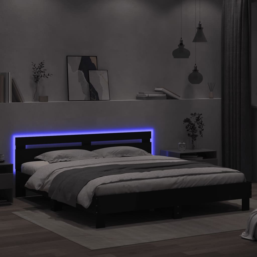 fekete ágykeret fejtámlával és LED-del 180 x 200 cm