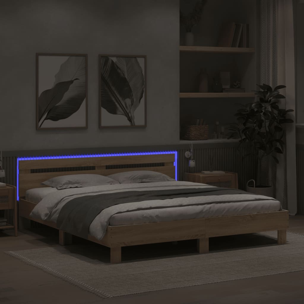 sonoma tölgy színű ágykeret fejtámlával és LED-del 160 x 200 cm