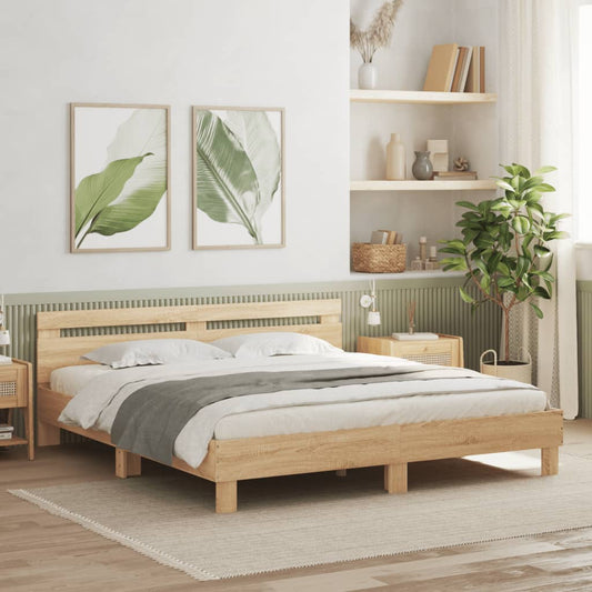sonoma tölgy színű ágykeret fejtámlával és LED-del 160 x 200 cm