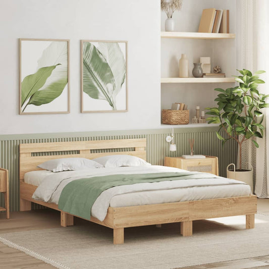 sonoma tölgy színű ágykeret fejtámlával és LED-del 150x200 cm